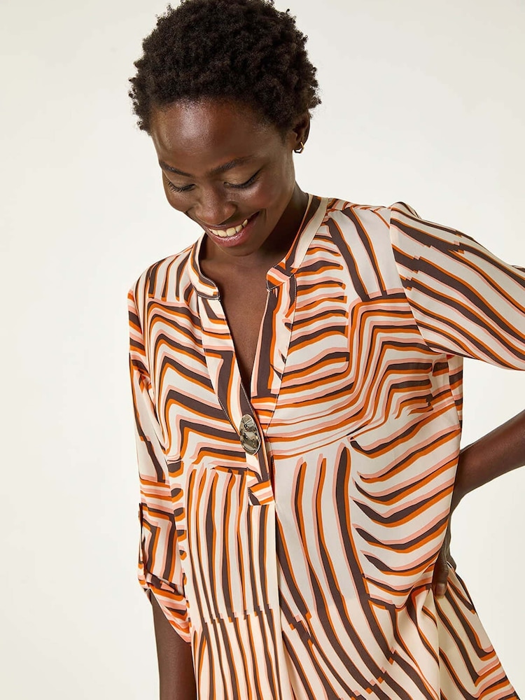 Roman Orange Abstract Linear Print V-Neck Button Top - Image 1 of 5