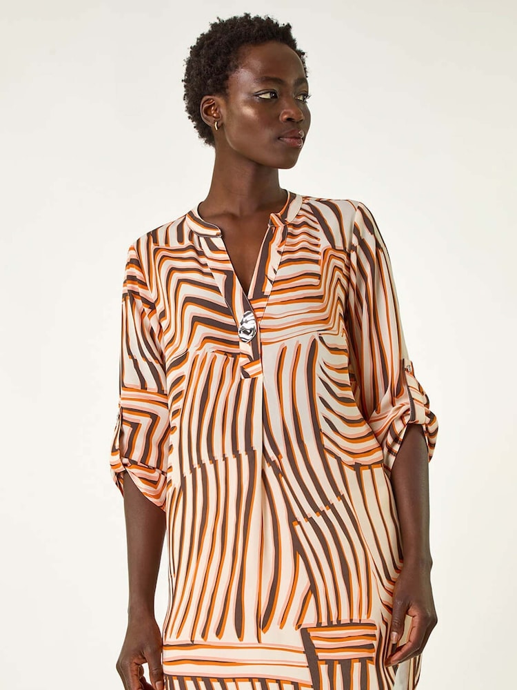 Roman Orange Abstract Linear Print V-Neck Button Top - Image 3 of 5