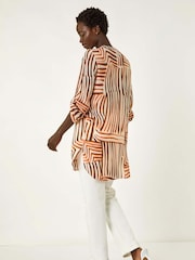 Roman Orange Abstract Linear Print V-Neck Button Top - Image 4 of 5