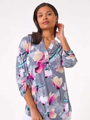 Roman Pink Floral Print V-Neck Button Blouses - Image 1 of 5
