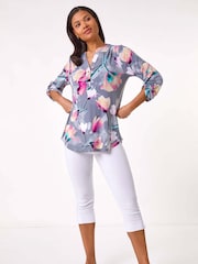 Roman Pink Floral Print V-Neck Button Blouses - Image 2 of 5