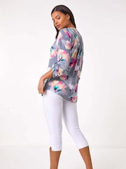 Roman Pink Floral Print V-Neck Button Blouses - Image 3 of 5