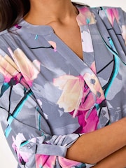 Roman Pink Floral Print V-Neck Button Blouses - Image 5 of 5