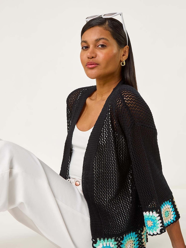 Roman Black Edge Crochet Hem Knit Cardigan - Image 1 of 5 Roman Black Edge Crochet Hem Knit Cardigan - Image 1 of 5