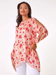 Roman Pink Rose Print Metallic Tunic Top - Image 1 of 5