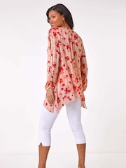 Roman Pink Rose Print Metallic Tunic Top - Image 3 of 5
