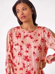 Roman Pink Rose Print Metallic Tunic Top - Image 4 of 5