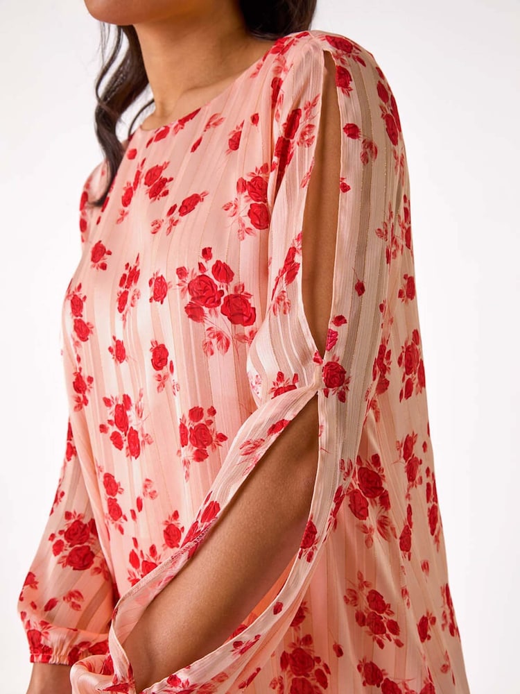 Roman Pink Rose Print Metallic Tunic Top - Image 5 of 5