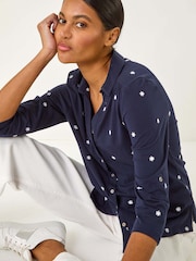 Roman Blue Embroidered V-Neck Cotton Shirt - Image 1 of 5