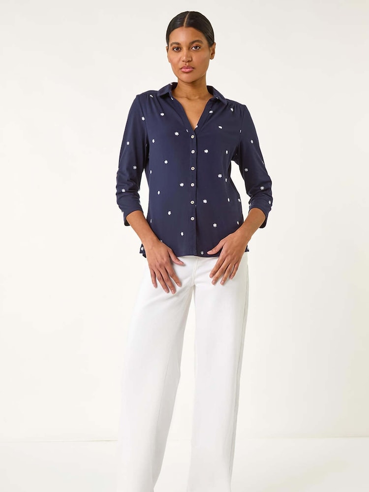 Roman Blue Embroidered V-Neck Cotton Shirt - Image 2 of 5