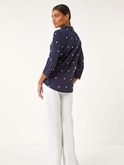 Roman Blue Embroidered V-Neck Cotton Shirt - Image 3 of 5