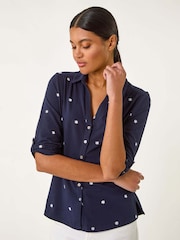 Roman Blue Embroidered V-Neck Cotton Shirt - Image 4 of 5