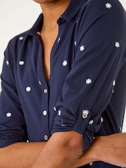 Roman Blue Embroidered V-Neck Cotton Shirt - Image 5 of 5