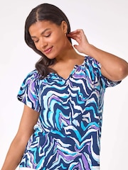 Roman Blue Abstract Print Hanky Hem Stretch Top - Image 1 of 5