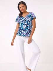 Roman Blue Abstract Print Hanky Hem Stretch Top - Image 2 of 5