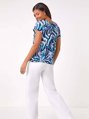 Roman Blue Abstract Print Hanky Hem Stretch Top - Image 3 of 5