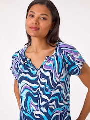 Roman Blue Abstract Print Hanky Hem Stretch Top - Image 4 of 5