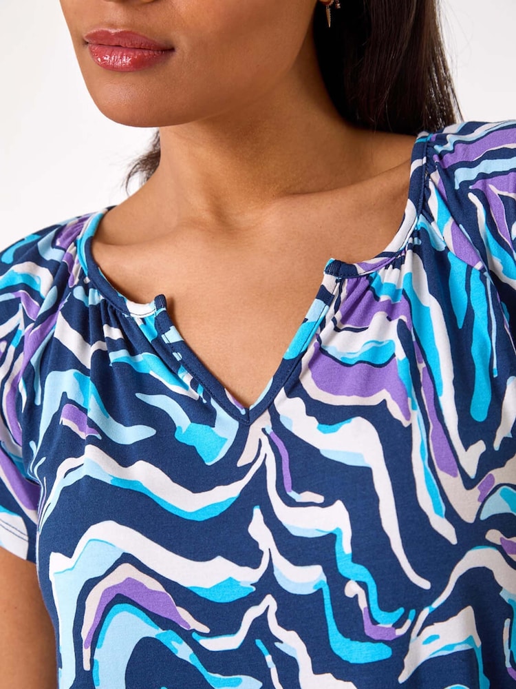 Roman Blue Abstract Print Hanky Hem Stretch Top - Image 5 of 5
