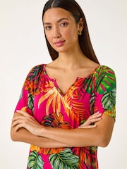 Roman Pink Tropical Print Notch Neck Stretch Top - Image 1 of 5