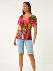 Roman Pink Tropical Print Notch Neck Stretch Top - Image 2 of 5