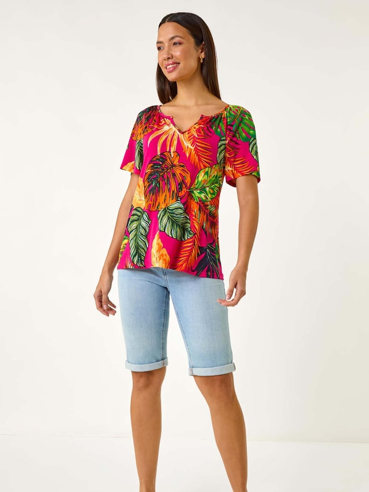 Roman Pink Tropical Print Notch Neck Stretch Top - Image 2 of 5 Roman Pink Tropical Print Notch Neck Stretch Top - Image 2 of 5