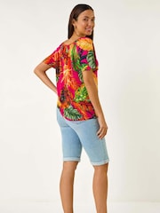 Roman Pink Tropical Print Notch Neck Stretch Top - Image 3 of 5