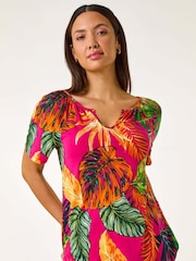 Roman Pink Tropical Print Notch Neck Stretch Top - Image 4 of 5