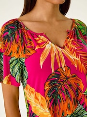 Roman Pink Tropical Print Notch Neck Stretch Top - Image 5 of 5