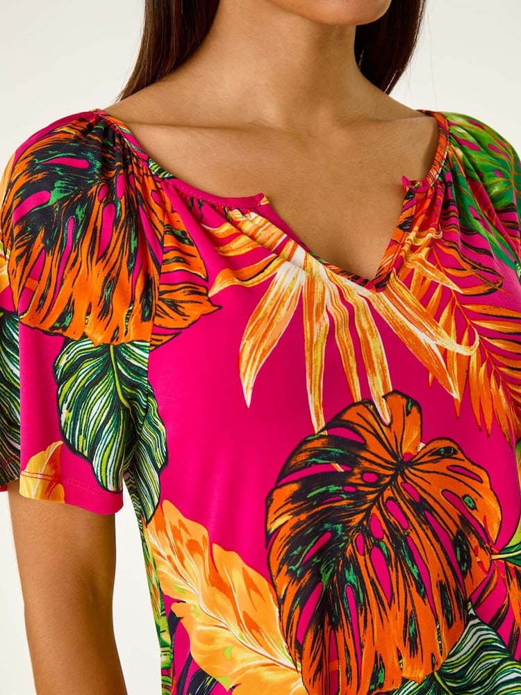 Roman Pink Tropical Print Notch Neck Stretch Top - Image 5 of 5 Roman Pink Tropical Print Notch Neck Stretch Top - Image 5 of 5