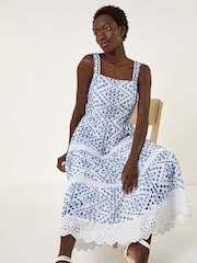 Roman Blue 100% Cotton Broderie Strap Detail Midi Dress - Image 1 of 5