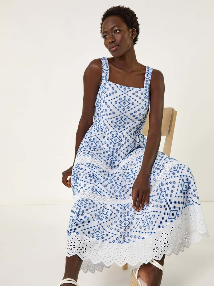 Roman Blue 100% Cotton Broderie Strap Detail Midi Dress - Image 1 of 5