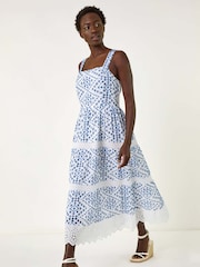 Roman Blue 100% Cotton Broderie Strap Detail Midi Dress - Image 2 of 5