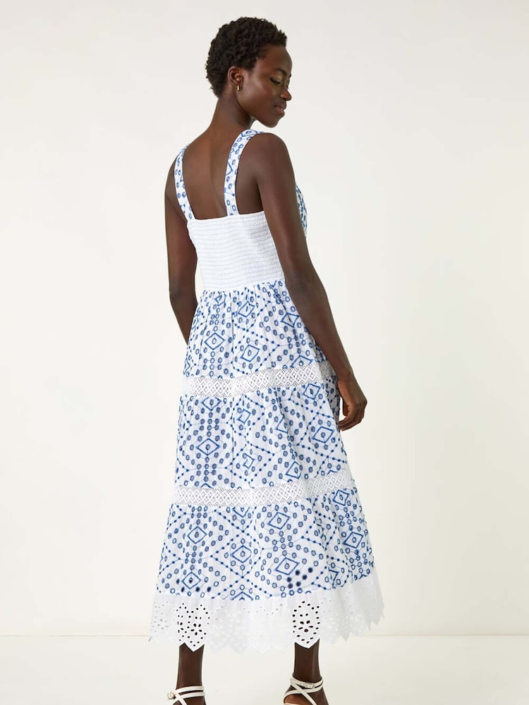Roman Blue 100% Cotton Broderie Strap Detail Midi Dress - Image 3 of 5
