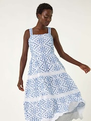 Roman Blue 100% Cotton Broderie Strap Detail Midi Dress - Image 4 of 5