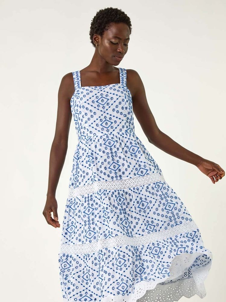 Roman Blue 100% Cotton Broderie Strap Detail Midi Dress - Image 4 of 5