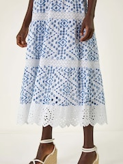 Roman Blue 100% Cotton Broderie Strap Detail Midi Dress - Image 5 of 5