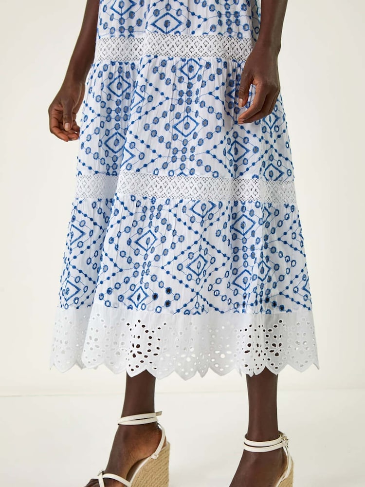 Roman Blue 100% Cotton Broderie Strap Detail Midi Dress - Image 5 of 5