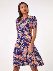 Roman Blue Leaf Print Short Dress - Image 1 of 1