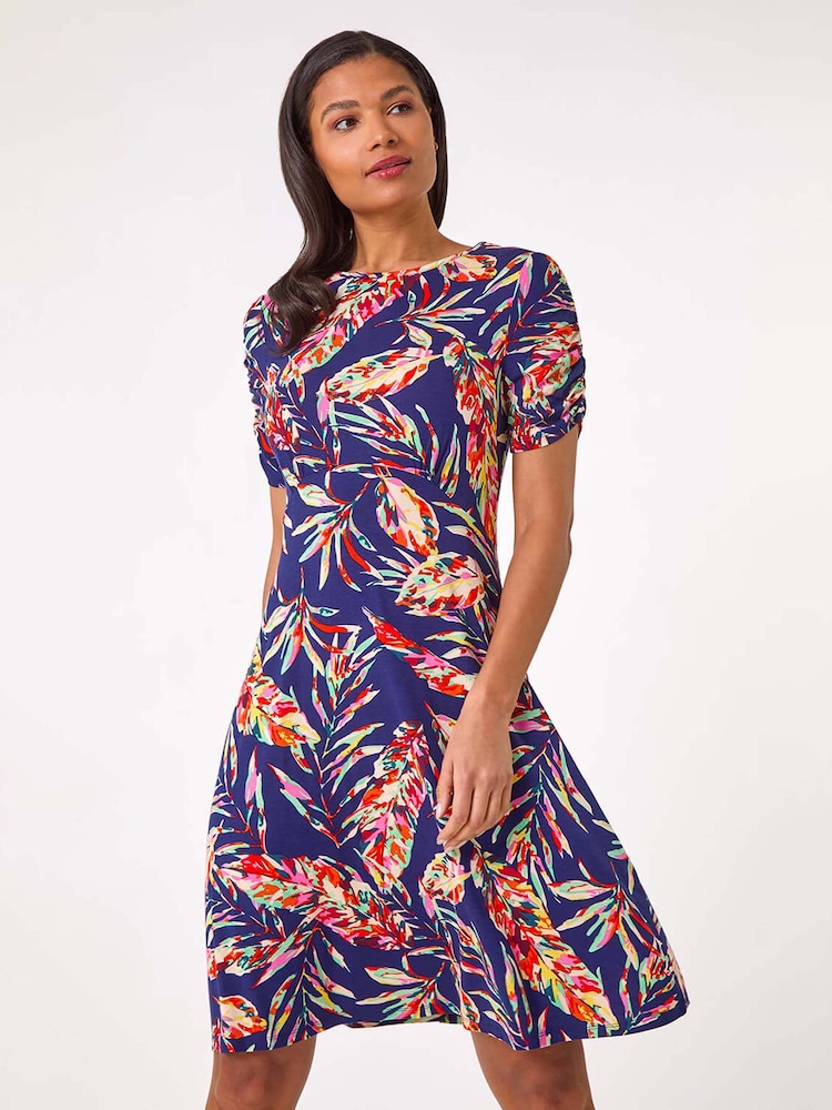 Roman Blue Leaf Print Short Dress - Image 1 of 1
