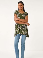 Roman Green Leaf Print Hanky Hem Tunic Top - Image 2 of 5