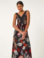 Roman Red Palm Print Contrast Band Maxi Dress - Image 2 of 5