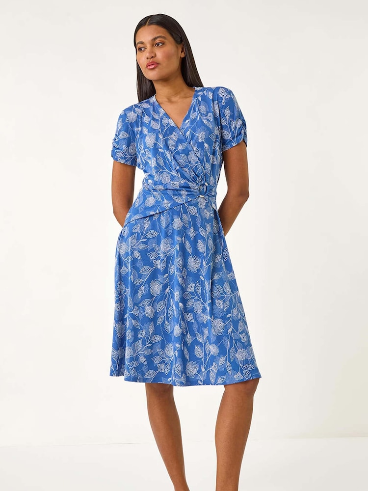 Roman Blue Floral Print Ring Detail Midi Dress - Image 1 of 5