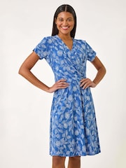 Roman Blue Floral Print Ring Detail Midi Dress - Image 2 of 5