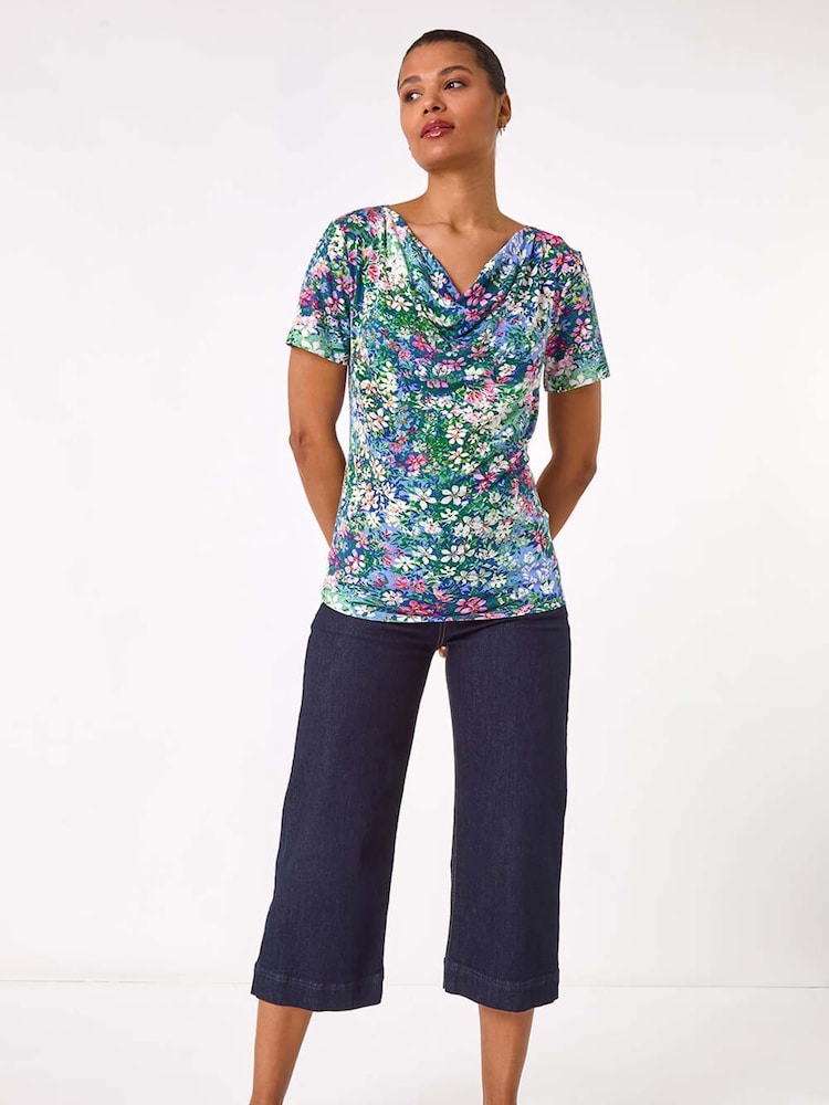 Roman Floral Print Cowl Neck Stretch Top - Imagen 2 de 5