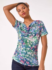 Roman Floral Print Cowl Neck Stretch Top - Imagen 4 de 5