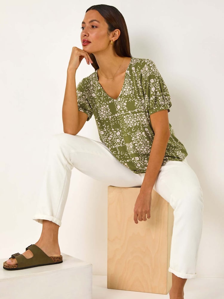 Roman Green Floral Print Bubble Hem Top - Image 1 of 5