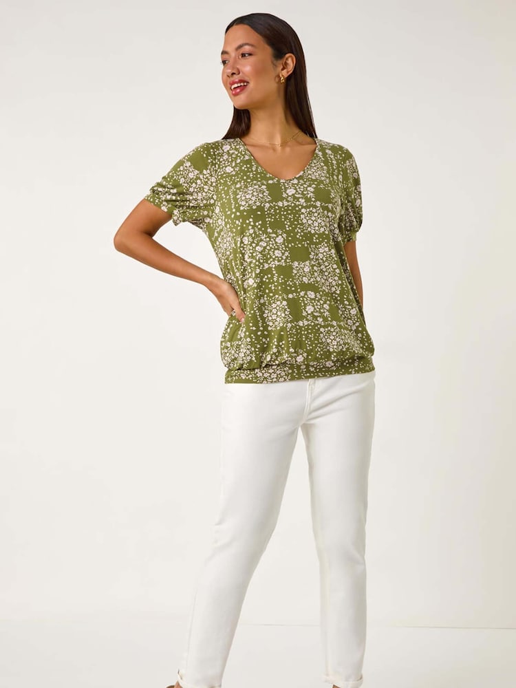 Roman Green Floral Print Bubble Hem Top - Image 2 of 5