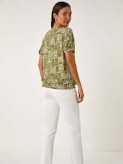 Roman Green Floral Print Bubble Hem Top - Image 3 of 5