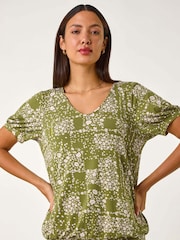Roman Green Floral Print Bubble Hem Top - Image 4 of 5
