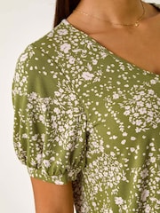 Roman Green Floral Print Bubble Hem Top - Image 5 of 5